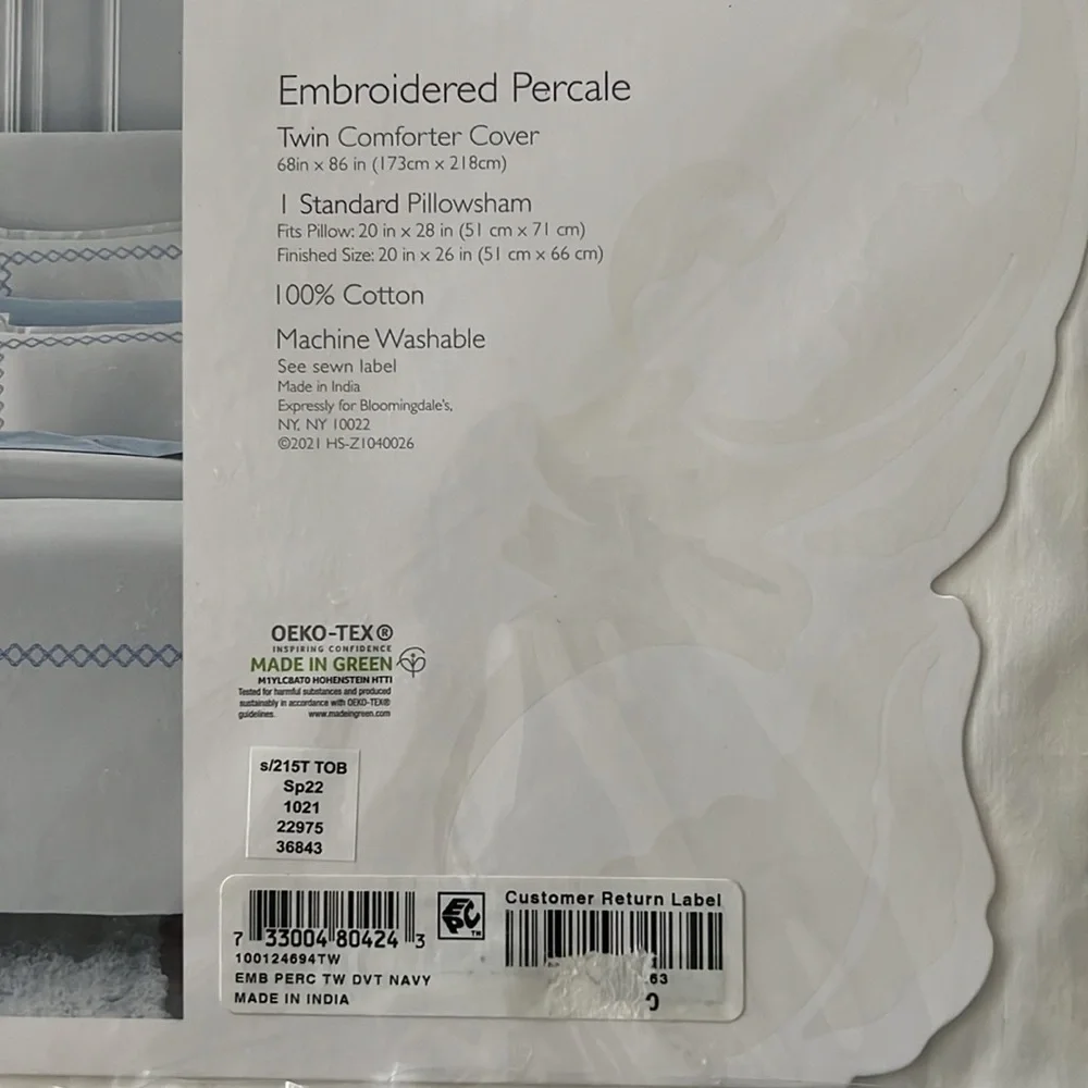 Sky NAVY Embroidered Percale Duvet Cover and Shams Set, Twin NEW w/Tag $230